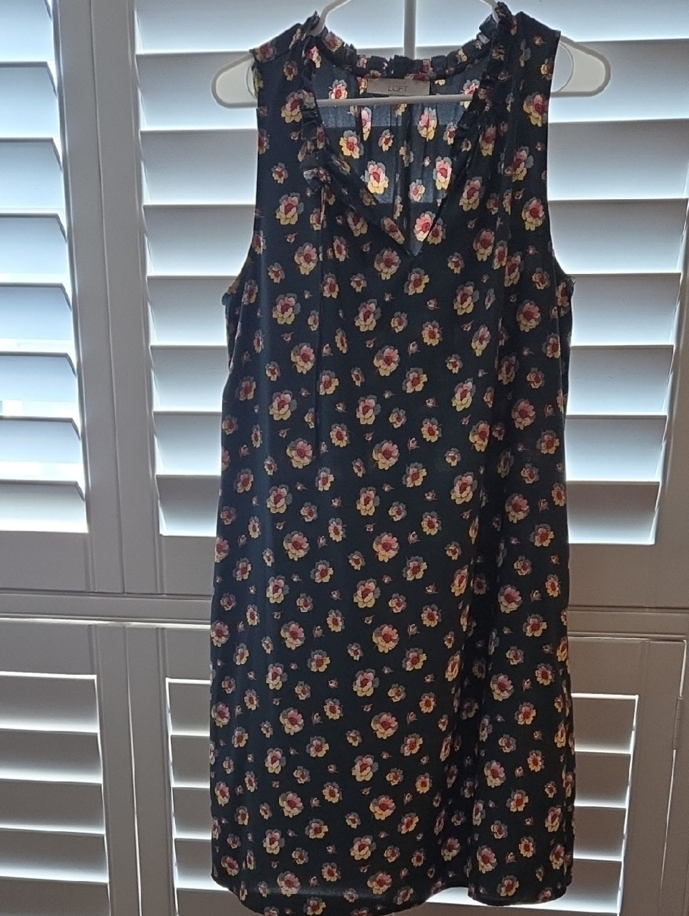 Floral Ruffle Neck Sleeveless Dress - Green with Pink & Cream Flowers